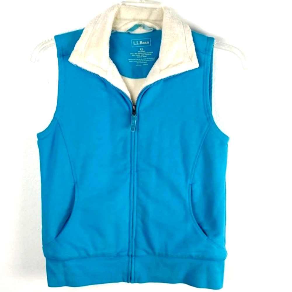 LL BEAN vest size large aqua blue plush full zip cream furry lining